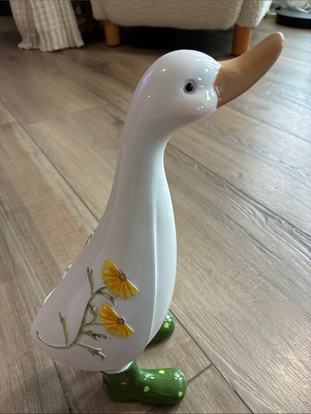Adorable White Ceramic Duck with Yellow Flowers and Green Polka-Dot Feet